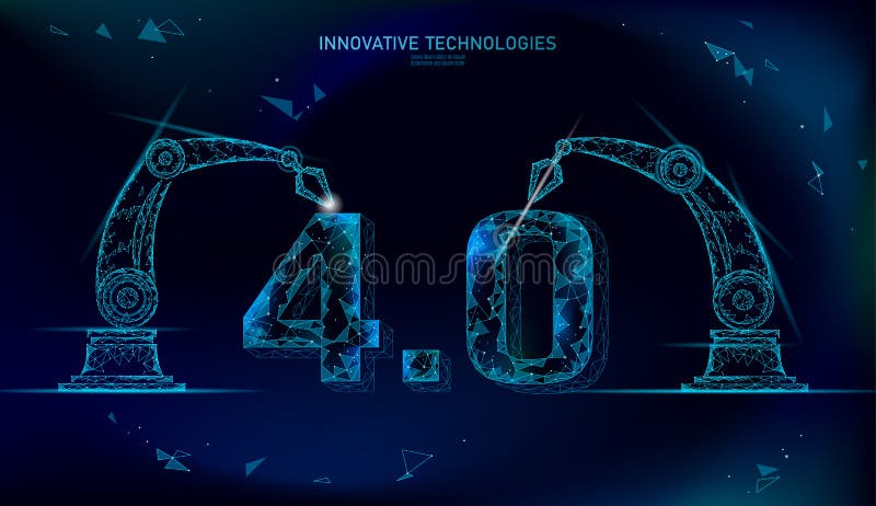 Concept de revoluție industrială viitor cu nivel scăzut de poli. industrie 40 de numere asamblate cu braț robotic. industrie onlin stock illustration