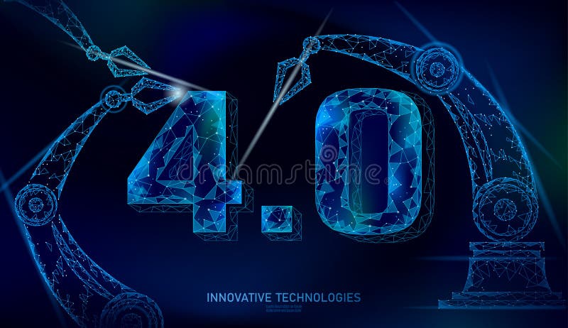 Concept de revoluție industrială viitor cu nivel scăzut de poli. industrie 40 de numere asamblate cu braț robotic. industrie onlin vector illustration