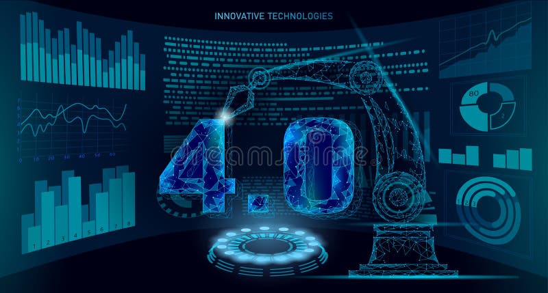 Concept de revoluție industrială viitor cu nivel scăzut de poli. industrie 40 de numere asamblate cu braț robotic. industrie onlin vector illustration