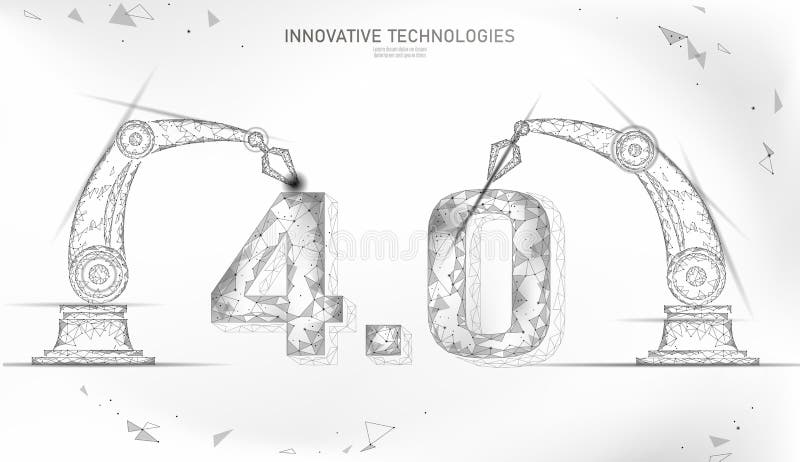 Concept de revoluție industrială viitor cu nivel scăzut de poli. industrie 40 de numere asamblate cu braț robotic. industrie onlin vector illustration