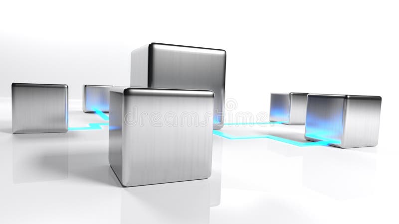 Concept de rețea cu elemente metalice conectate pe fundal alb 3d cu ilustrație redare stock illustration