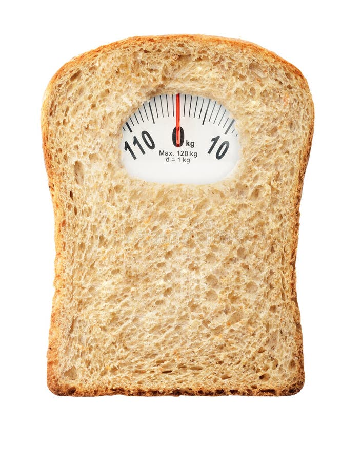 Weighing scales in form of a bread slice representing dietary warning. Weighing scales in form of a bread slice representing dietary warning