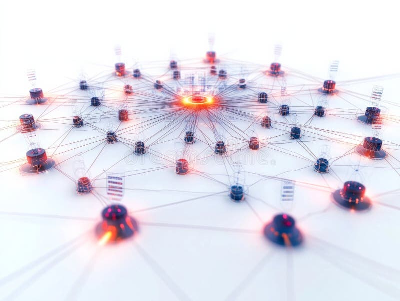 Concept de réseau Blockchain avec noeuds connectés dans une grille numérique photographie stock