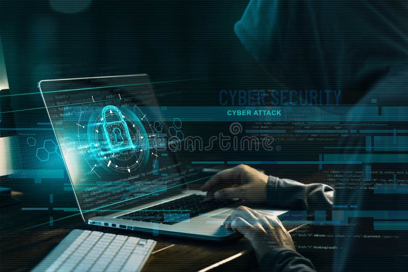 Concept de securitate informatică. criminalitate internet. hacker care lucrează la un cod și o rețea cu pictogramă blocare stock photo