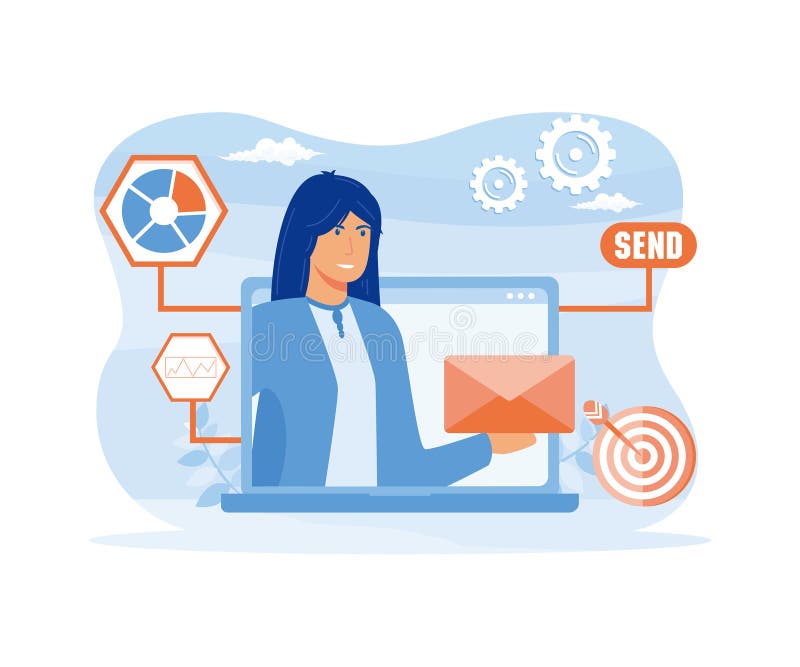 Concept de service d'envoi par courrier électronique. gestionnaire envoyant un message via un système d'automatisation marketing. illustration de vecteur