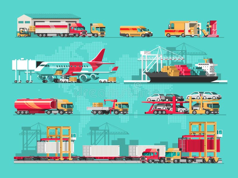 Concept de service de distribution Chargement de cargo de récipient, chargeur de camion, entrepôt, avion, train Illustration plat illustration stock Concept de service de distribution Chargement de cargo de récipient, chargeur de camion, entrepôt, avion, train Illustration plat illustration stock