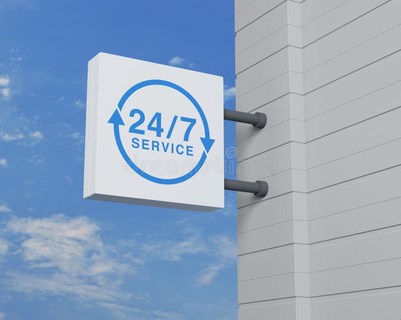 24 hours service icon on hanging white square signboard over blue sky, Business full time service concept, 3D rendering. 24 hours service icon on hanging white square signboard over blue sky, Business full time service concept, 3D rendering