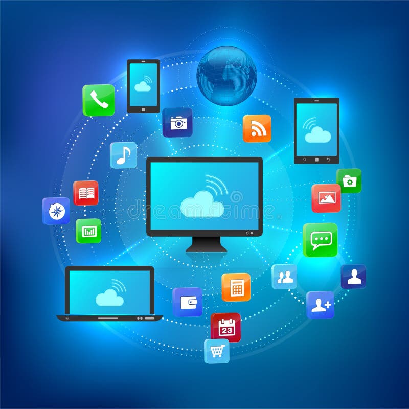 Concept de soluții cloud cu diferite dispozitive și pictograme royalty free illustration