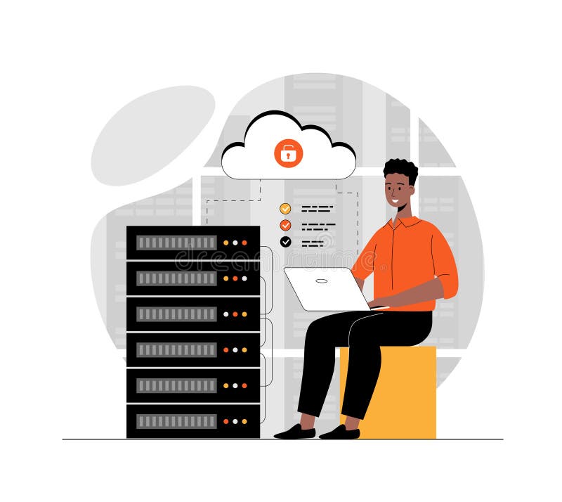 Concept de stocare în cloud computing. server centru de date pentru găzduire online. ilustrare cu scena persoanelor stock illustration