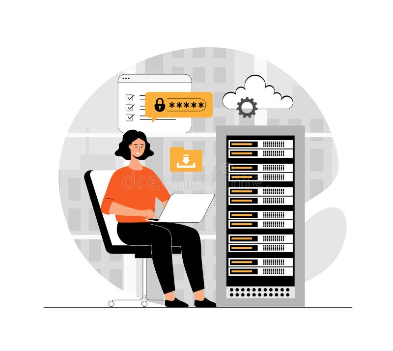 Concept de stocare în cloud computing. stocare și prelucrare a datelor cu caracter personal prin conectare securizată fără fir. il royalty free illustration