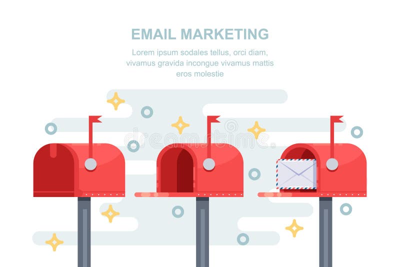 Concept de strategie de marketing pentru e-mail. cutie poștală roșie cu mesaje în plic. ilustrare vectorială royalty free illustration