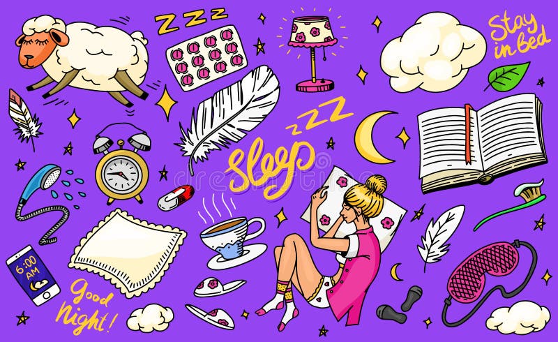 Concept de temps de sommeil Fond tir? par la main de nuit Oreiller de moutons, fille dans le r? ve dans le lit, nuages et plume, c illustration stock