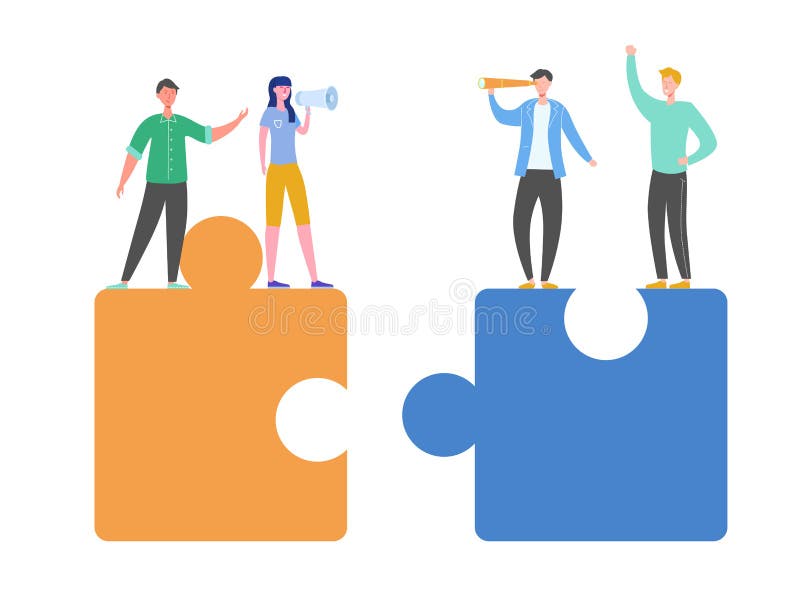 Concept de travail d'équipe d'entreprise Minuscules caractères connectant des pièces de puzzle Solutions créatives, collaboration illustration stock Concept de travail d'équipe d'entreprise Minuscules caractères connectant des pièces de puzzle Solutions créatives, collaboration illustration stock