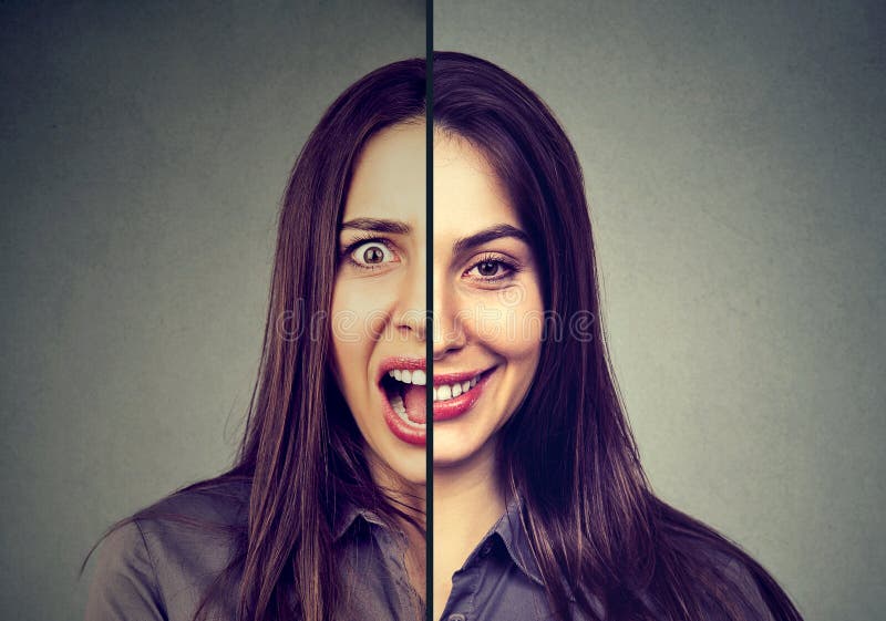 Concept de trouble bipolaire et de double personnalité Femme avec la double expression de visage