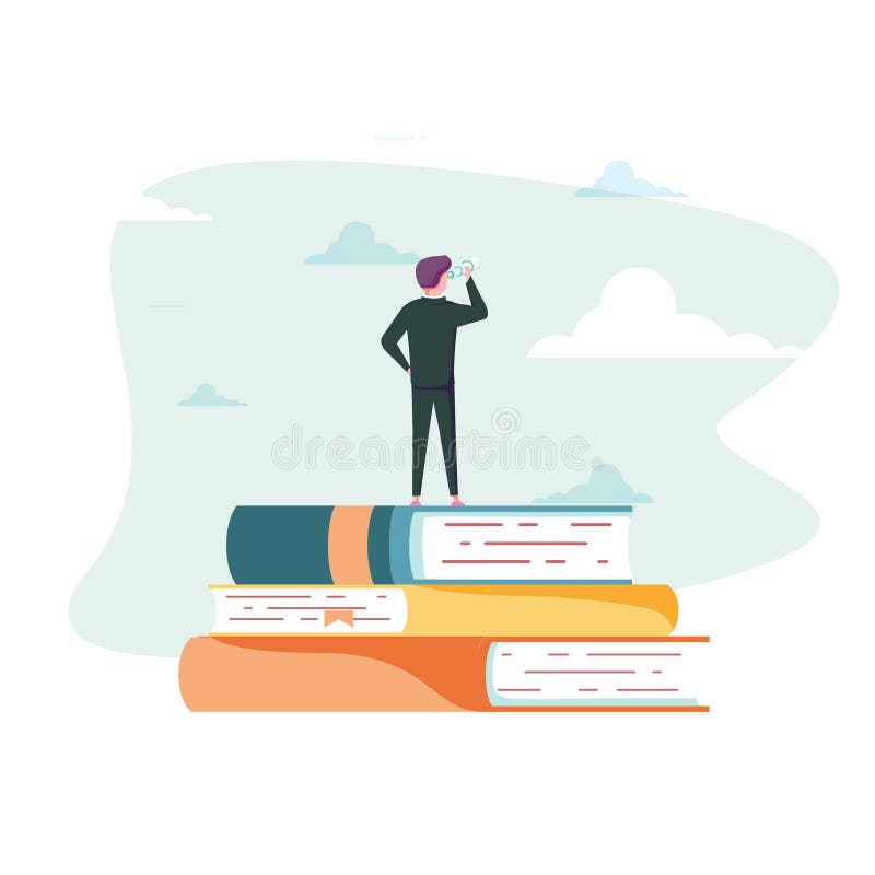 Concept de vecteur d'éducation Homme d'affaires ou étudiant se tenant sur le livre regardant l'avenir Symbole de carrière, le tra