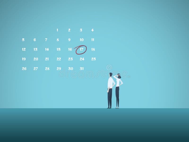Concept de vecteur de date-butoir d'affaires avec l'homme et la femme regardant le calendrier Symbole de la gestion des projets, illustration de vecteur Concept de vecteur de date-butoir d'affaires avec l'homme et la femme regardant le calendrier Symbole de la gestion des projets, illustration de vecteur