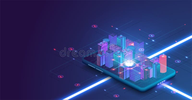 Concept de vector izometric al orașului inteligent sau al clădirii inteligente. automatizare a clădirilor cu ilustrare în rețea co royalty free illustration