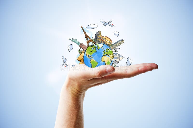 Concept de voyage avec la main et la planète tirée de la terre avec des points de repère images stock Concept de voyage avec la main et la planète tirée de la terre avec des points de repère images stock