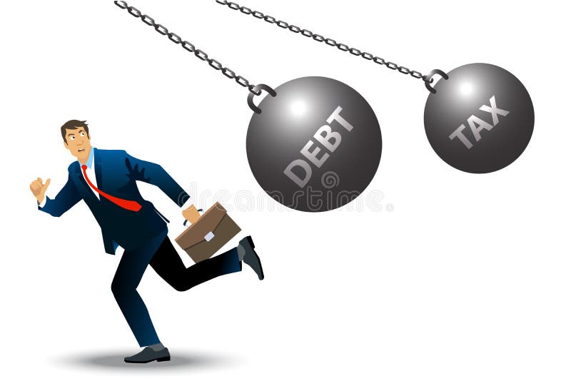 Concept de împrumut cu un om de afaceri care se execută în fața unei pietre de moară încercând să scape de plata datoriei și a imp stock illustration