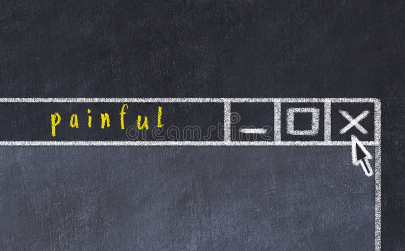 Concept of dealing with problem. Chalk drawing of closing program window with caption painful stock photos Concept of dealing with problem. Chalk drawing of closing program window with caption painful stock photos