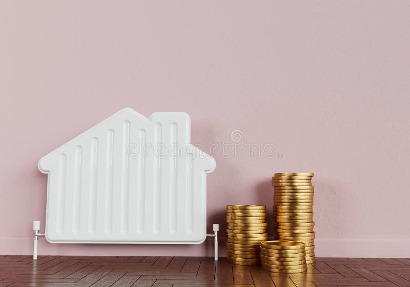Concept des factures d'énergie des ménages. radiateur chauffant en forme de maison avec une pile de pièces de 3d rendu illustration stock