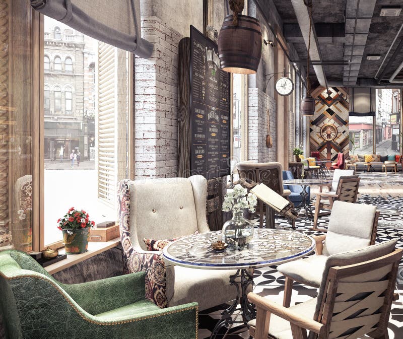 Concept design of modern Restaurant lounge bar `Train Station` 3D Rendering