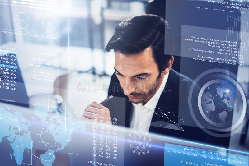 Concept of digital diagram,graph interfaces,virtual screen,connections icon.Young entrepreneur working at modern office royalty free stock image Concept of digital diagram,graph interfaces,virtual screen,connections icon.Young entrepreneur working at modern office royalty free stock image