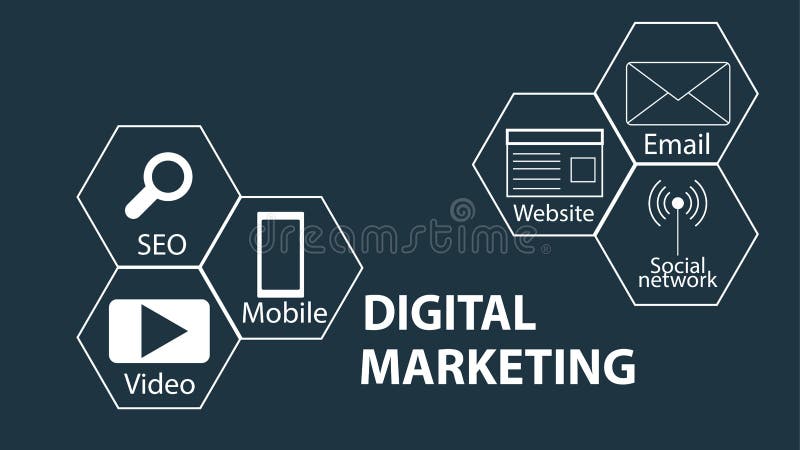 Concept of digital marketing media website ad, email, social network, SEO, video, mobile app vector illustration Concept of digital marketing media website ad, email, social network, SEO, video, mobile app vector illustration