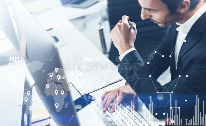 Concept of digital screen,virtual connection icon,diagram,graph interfaces. Businessman analyze stock reports. Blurred royalty free stock image