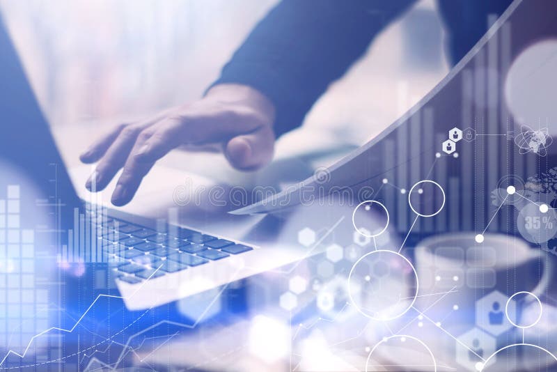 Concept of digital screen,virtual connection icon,diagram, graph interfaces.Businessman using laptop for research new stock image Concept of digital screen,virtual connection icon,diagram, graph interfaces.Businessman using laptop for research new stock image
