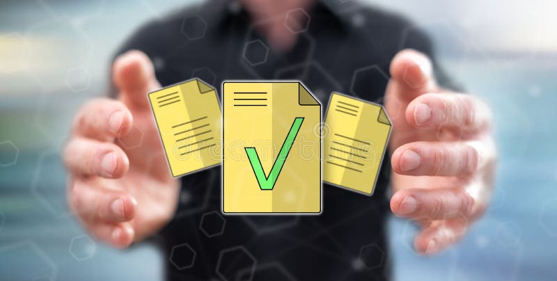 Concept of document validation. Document validation concept between hands of a man in background