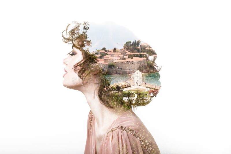 Concept of dreams. Portrait double exposure effect. royalty free stock photography Concept of dreams. Portrait double exposure effect. royalty free stock photography
