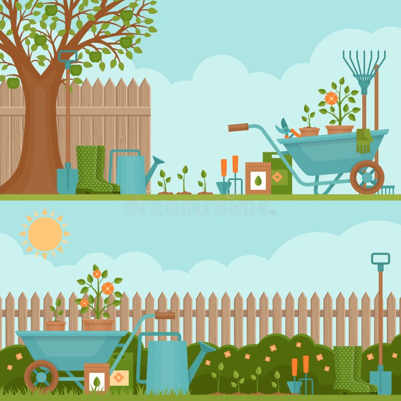 Concept du jardinage Outils de jardin Bannière avec le jardin l d'été