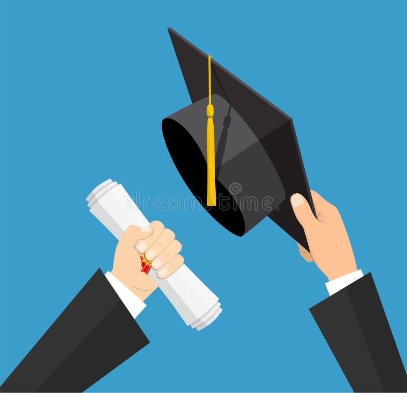 Concept of education. Graduation hat and diploma with stamp and ribbon in hands of student. vector illustration in flat vector illustration Concept of education. Graduation hat and diploma with stamp and ribbon in hands of student. vector illustration in flat vector illustration