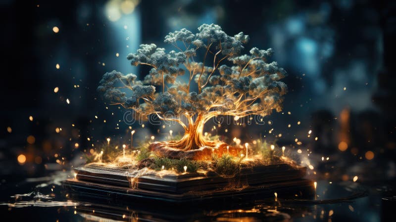 Conceptul de educație prin plantarea unui arbore de cunoștințe într-o carte deschisă stock illustration