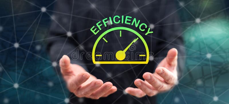 Concept of efficiency above the hands a man in background ilustração royalty free