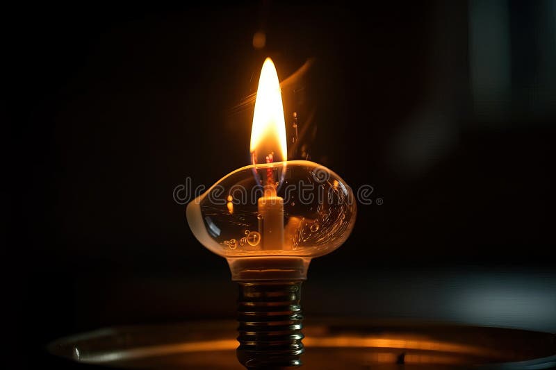Concept with Electric Light Bulb and Candle on Black Background. Stock