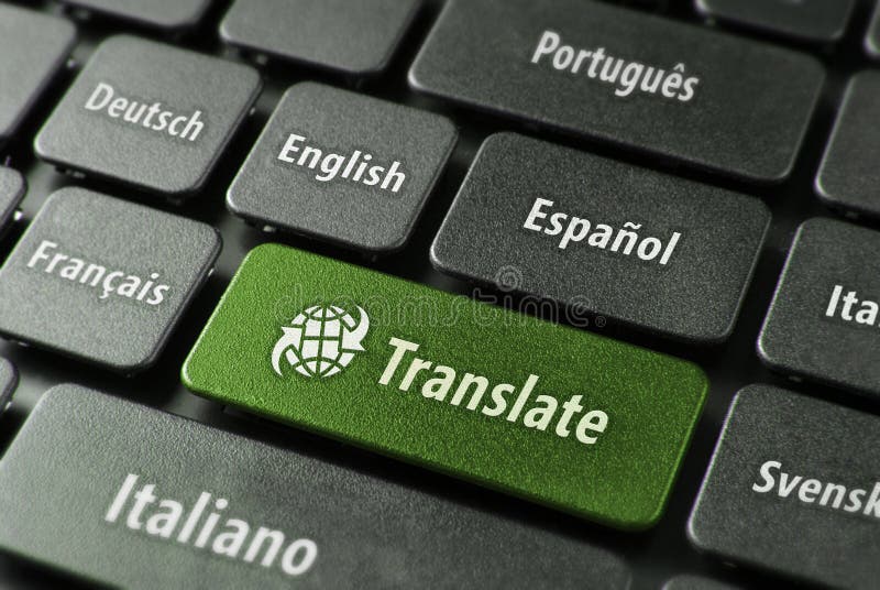 Multilingual translation online concept. Close up of multi language keyboard and translate word key in green color with clippingpath. Multilingual translation online concept. Close up of multi language keyboard and translate word key in green color with clippingpath.