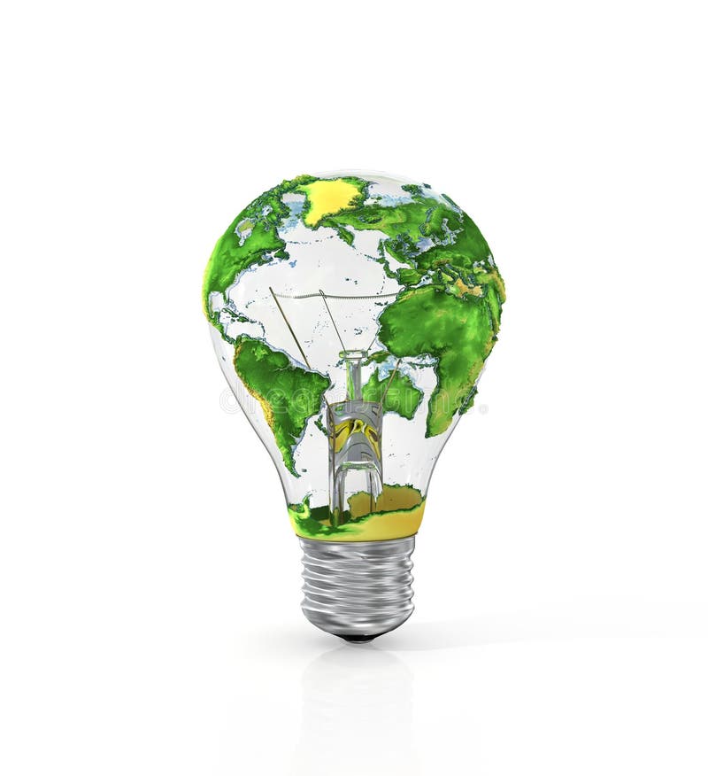 Concept of energy resource. Light bulb with planet Earth isolated on white background.