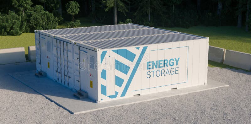 Concept of energy storage unit consisting of multiple conected containers with batteries.