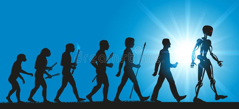 Concept of the evolution of humanity towards robots and artificial intelligence stock illustration