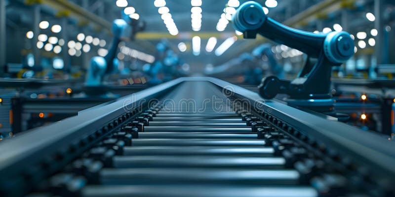 Operațiuni din fabrică îmbunătățite : sistem automat cu bandă transportoare cu arme și mașini robotizate. royalty free illustration