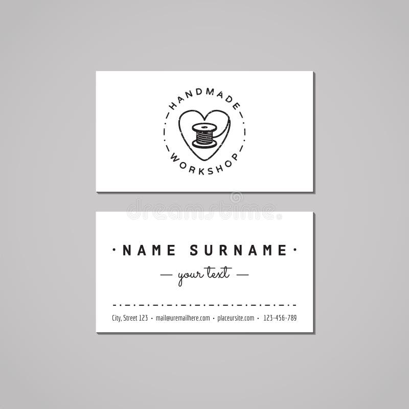 Concept fait main de design de carte d'affaires d'atelier Logo fait main d'atelier avec la bobine de coeur et de fil Style de vin illustration stock Concept fait main de design de carte d'affaires d'atelier Logo fait main d'atelier avec la bobine de coeur et de fil Style de vin illustration stock