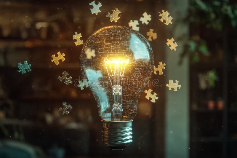 This concept features a glowing light bulb surrounded by floating digital puzzle pieces, symbolizing ideas and problem-solving in a high-tech environment. AI generated