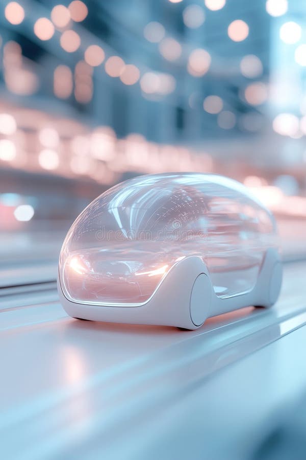 This concept features a sleek car encased in a luminous, transparent bubble, highlighting a futuristic design stock image
