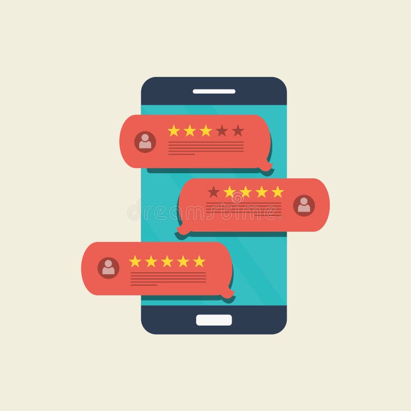 Concept of feedback, testimonials messages and notifications. Speech bubbles on mobile phone with review rating royalty free illustration Concept of feedback, testimonials messages and notifications. Speech bubbles on mobile phone with review rating royalty free illustration