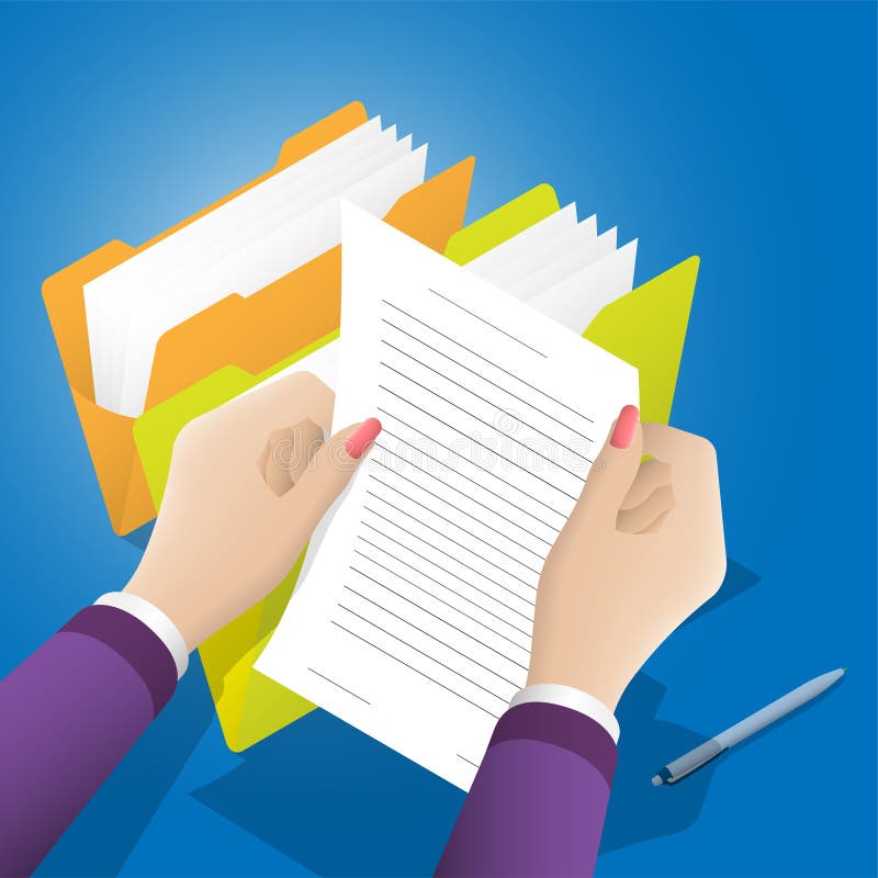 Concept. Female hands hold paper document of clerical archival folder. Storage of documents, statements and contracts. Conclusion stock illustration