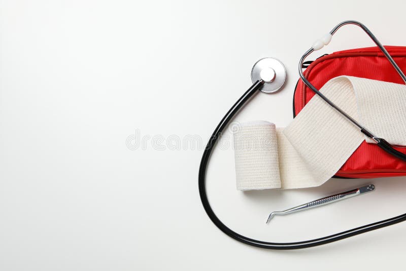 Concept of first aid kit, first aid kit supplies stock images