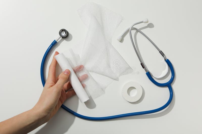 Concept of first aid kit, first aid kit supplies stock images