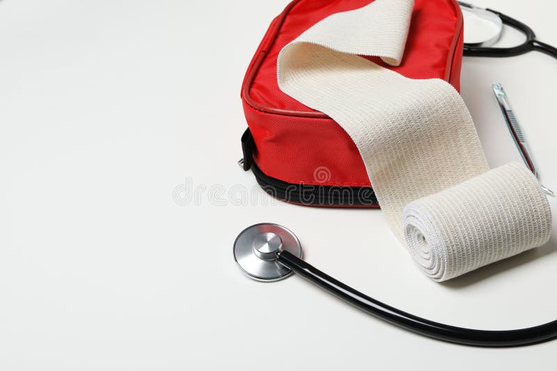 Concept of first aid kit, first aid kit supplies stock photos